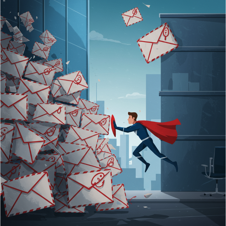 Superhero illustration protecting emails - Mail of Steel